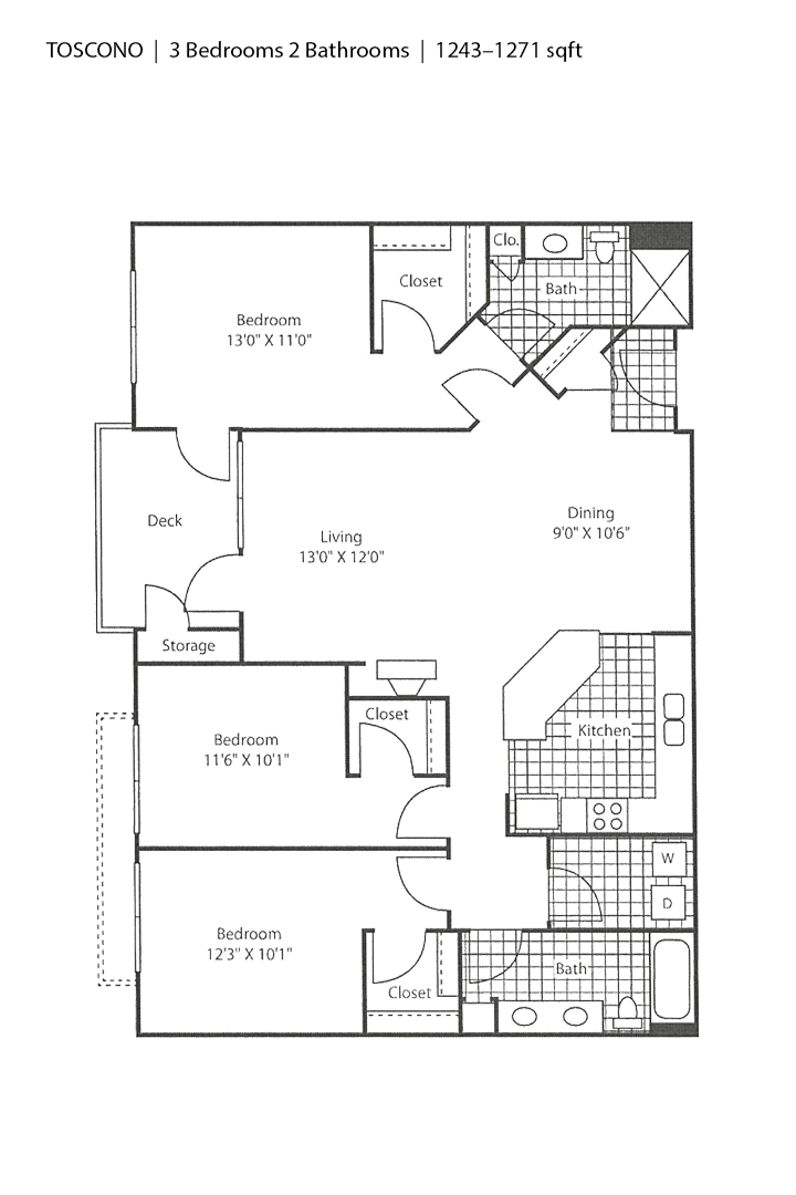 Floor plan for 3 beds, 2 baths, 1271 sqft